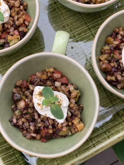 Salada de Grãos com Hortelã, Castanhas, Legumes Crocantes e Frutas Secas